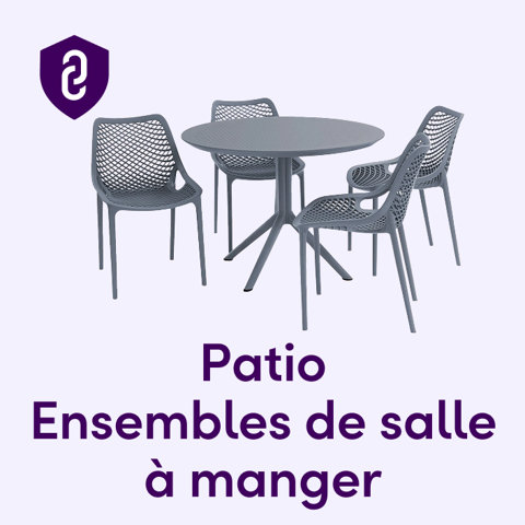 Ensemble de salle à manger de patio comprenant une table ronde et quatre chaises grises au dossier ajouré.