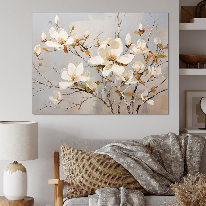 «White and Gold Magnolias Flowers Harmony III» sur toile imprimée, Cadre photo blanc, 34" H x 44" W