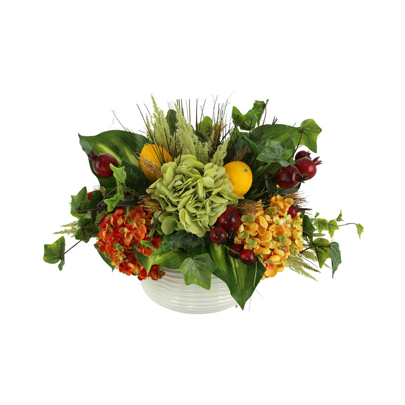 Mixed Hydrangea And Fruit Floral Arrangement