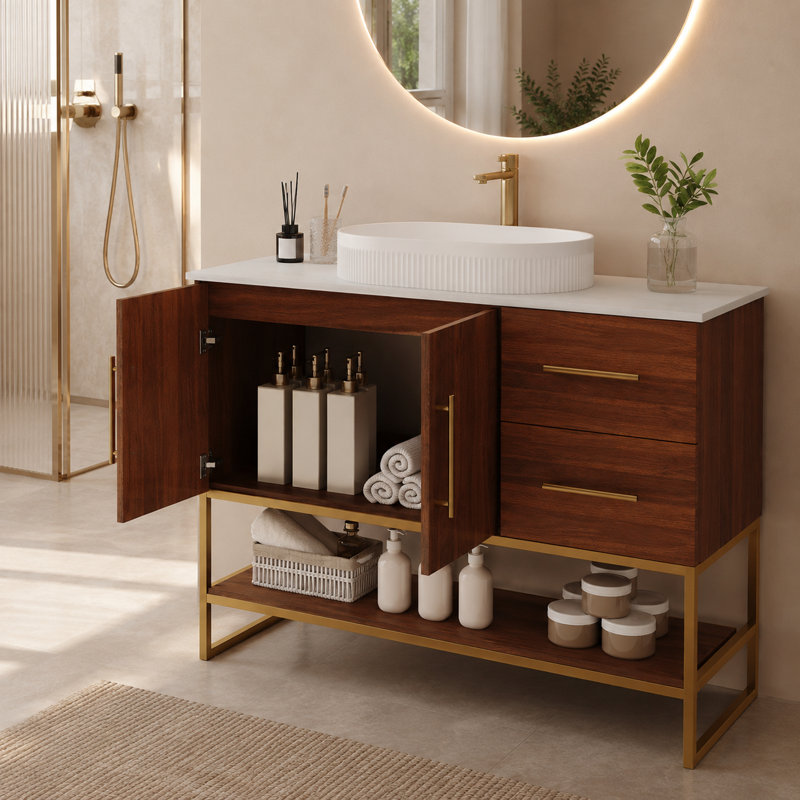 Meuble-lavabo sur pied de 91 cm (36 po) avec lavabo en céramique, cadre doré, 2 tiroirs, placard et tablette ouverte