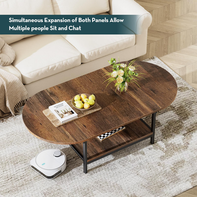 Rustic Brown Oval Extendable 2-Tier Coffee Table with Metal Legs