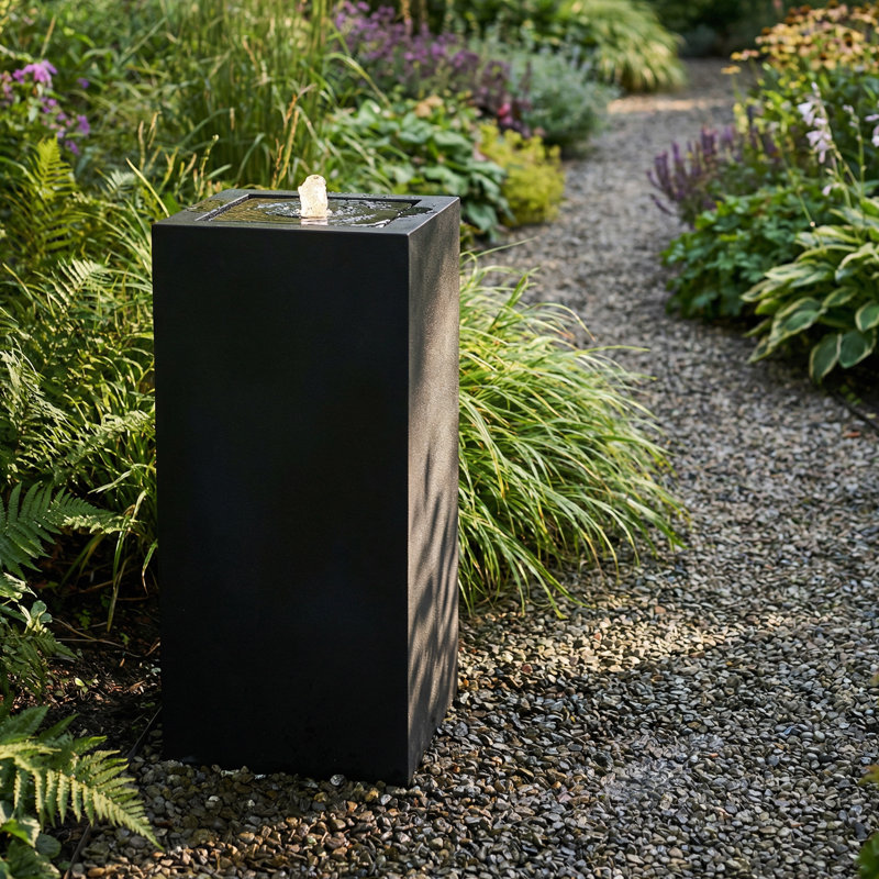 Fontaine rectangulaire d'extérieur à bulles en polystone à DEL - Noir, H 30 po x l 14,5 po x P 14,5 po, Noir