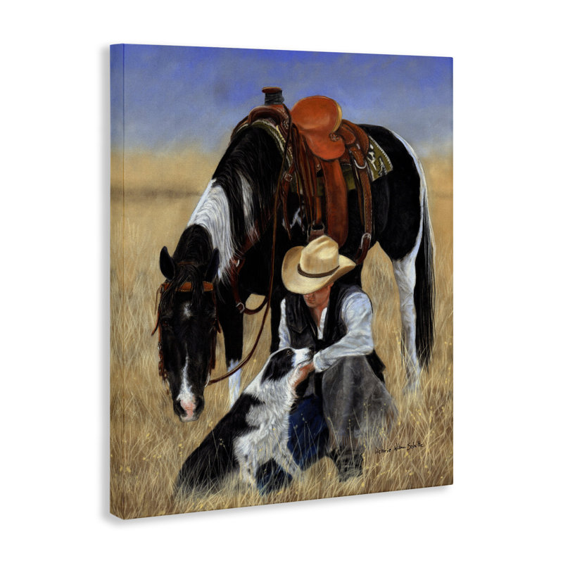 «Cowboy avec chien et cheval sur toile» par Victoria Schultz, H 48 po x l 36 po x P 1,5 po
