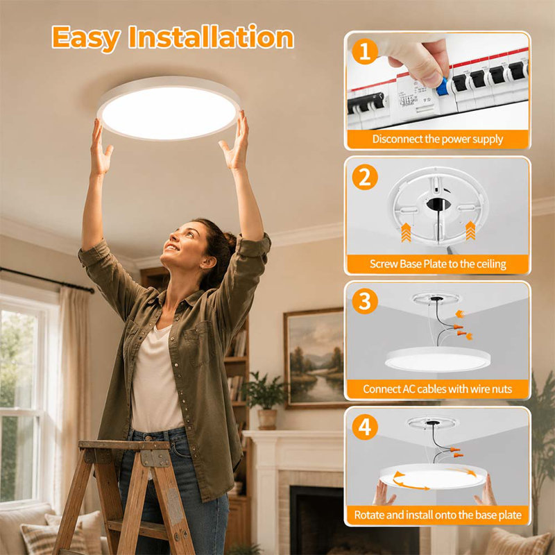 Plafonnier encastré 12 pouces DEL, plafonniers à température de couleur réglable 2700K-6500K 5 lumières, plafonnier à profil bas 24W 3200LM pour la cuisine de la chambre à coucher, couloir