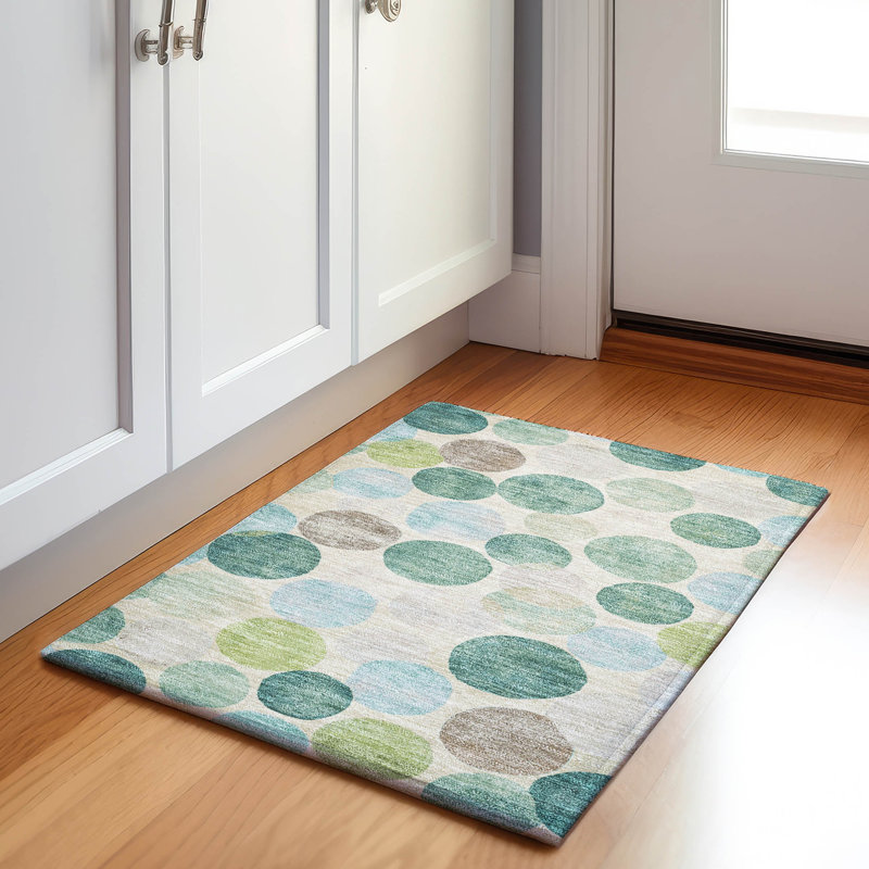Tapis bleu sarcelle lavable à la machine intérieur / extérieur Xhevrie, Rectangle 1 pi 8 po x 2 pi 6 po