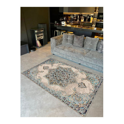 Machine Washable  Light Blue Beige Patterned Woven Base Modern Decorative Rug