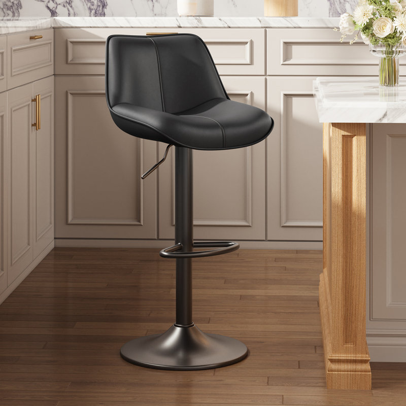 Modern Upholstered Swivel 26-34’’ H Barstool, Faux Leather Bar Stool with Metal Frame, Adjustable Height Counter Stool with Footrest