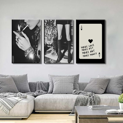 3 pièces encadrées léopard noir et blanc toile art mode fille décoration murale photos Y2K style guépard As de cœurs affiches pour salon chambre bureau décoration de la maison
