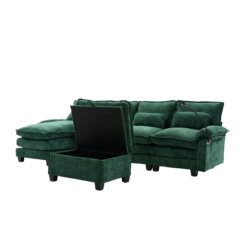 106" U Shape Sectional Sofa Cloud Couch with Chaise Lounge, Ottoman & Pillows, Emerald Chenille