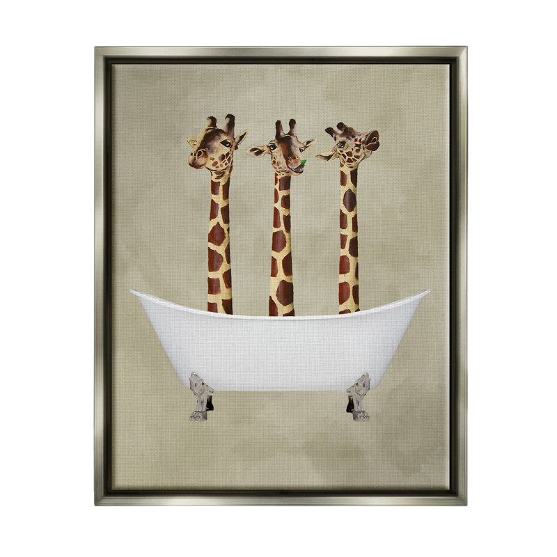 Trois girafes dans une baignoire, art mural par Coco De Paris, L 25 po x H 31 po, Cadre flottant gris lustré