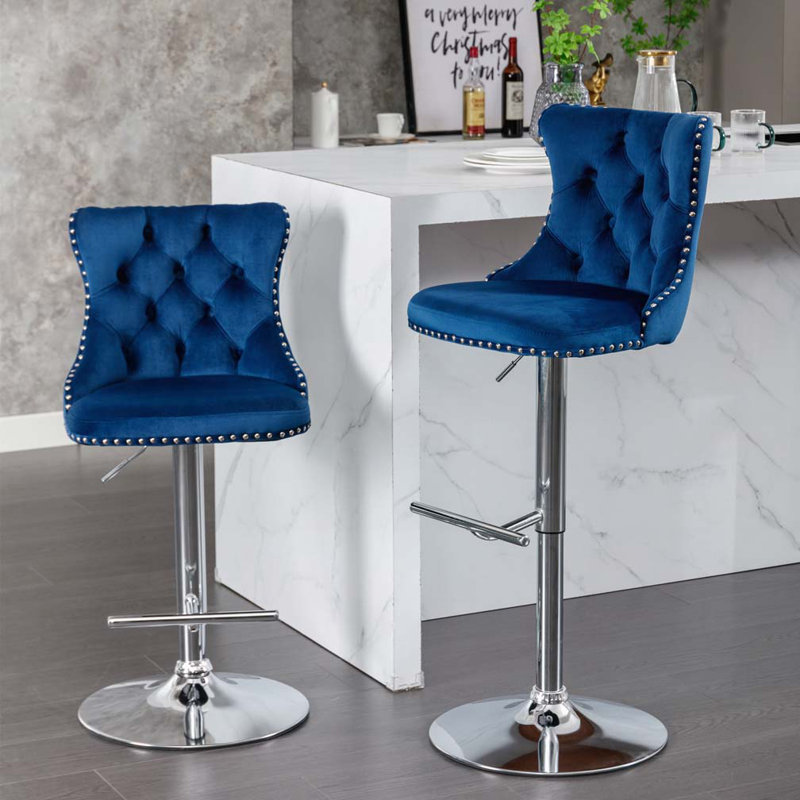 Daijiah Swivel Upholstered Adjustable Height Counter Stool, Silver, Blue