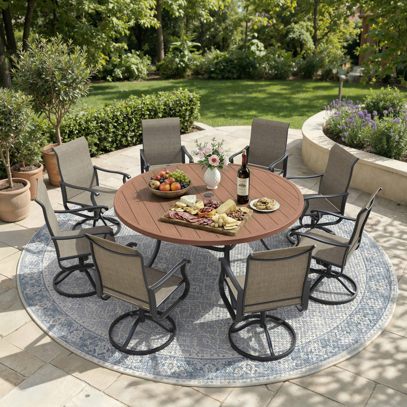 Ensemble repas pour 8 personnes avec chaises pivotantes à 360 ° en polyester enduit de PVC, Brun bois brossé / brun