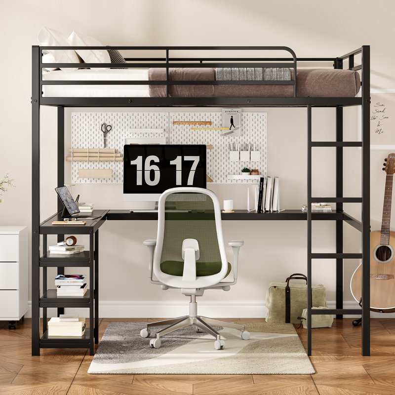 Full Size Loft Bed With Desk & Open Shelves, Heavy Duty Metal Bed Frame With Safety Guardrails & Ladder, Loft Beds With Vintage Wood Finish L-Shaped Desk, Black