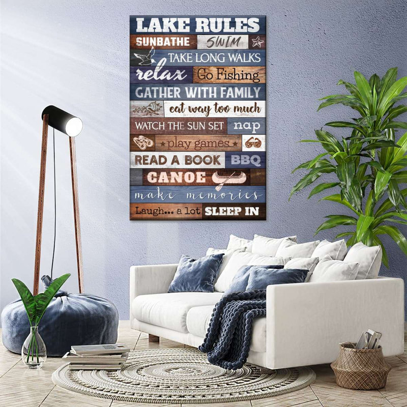 Inspiration et typographie, "Lake House Rules", impression sur toile, H 24 po x l 16 po x P 1,25 po