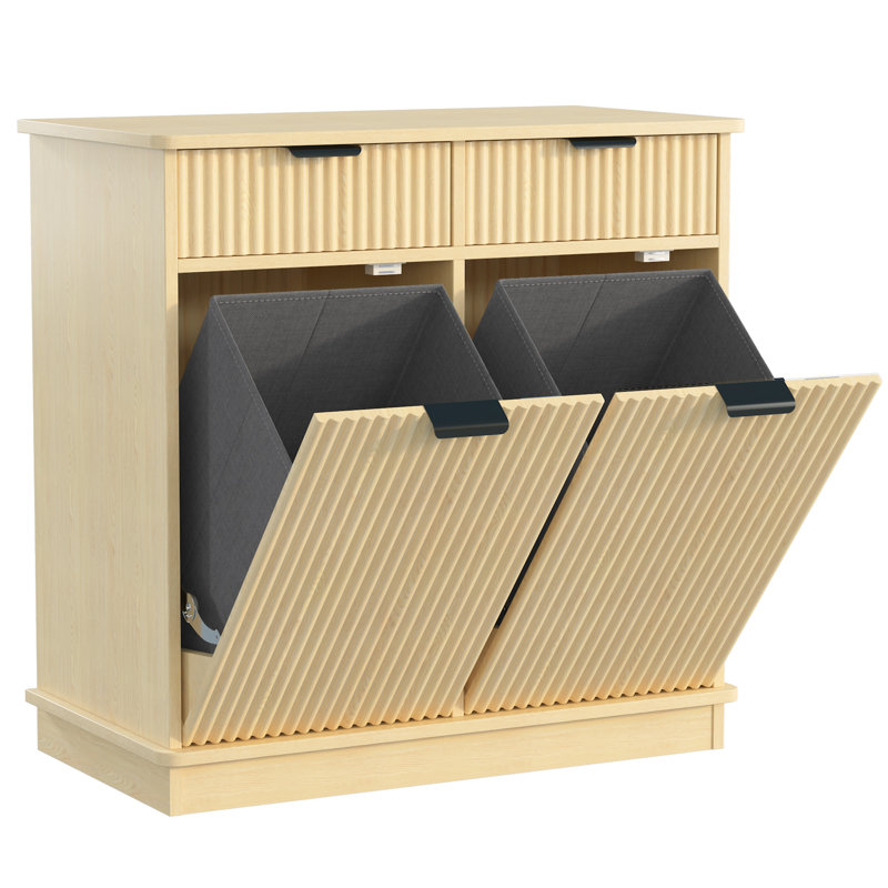 Double Tilt-Out Laundry Hamper Cabinet Hidden Laundry Cabinet With 2 Drawers & 2 Baskets For Bathroom, Kitchen, Natural Wood