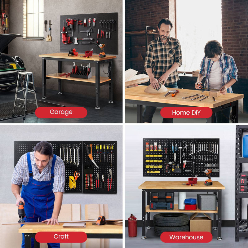 Work Table for Garage Adjustable Workbench with Power Outlets Pegboard Pad