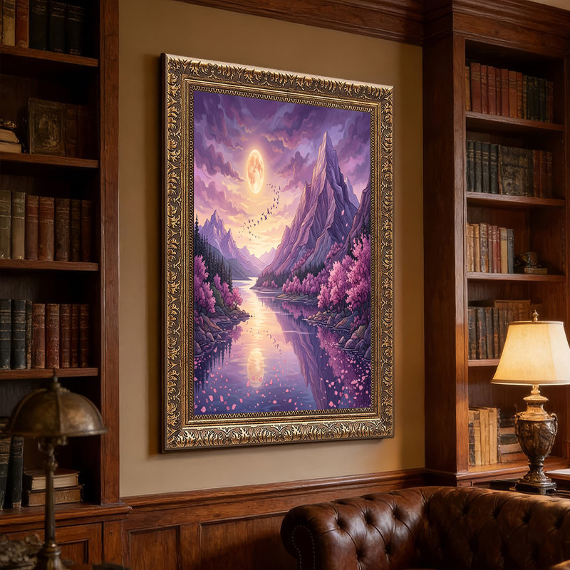 Toile mauve avec lac en fleurs roses et lune, H 20 po x l 30 po