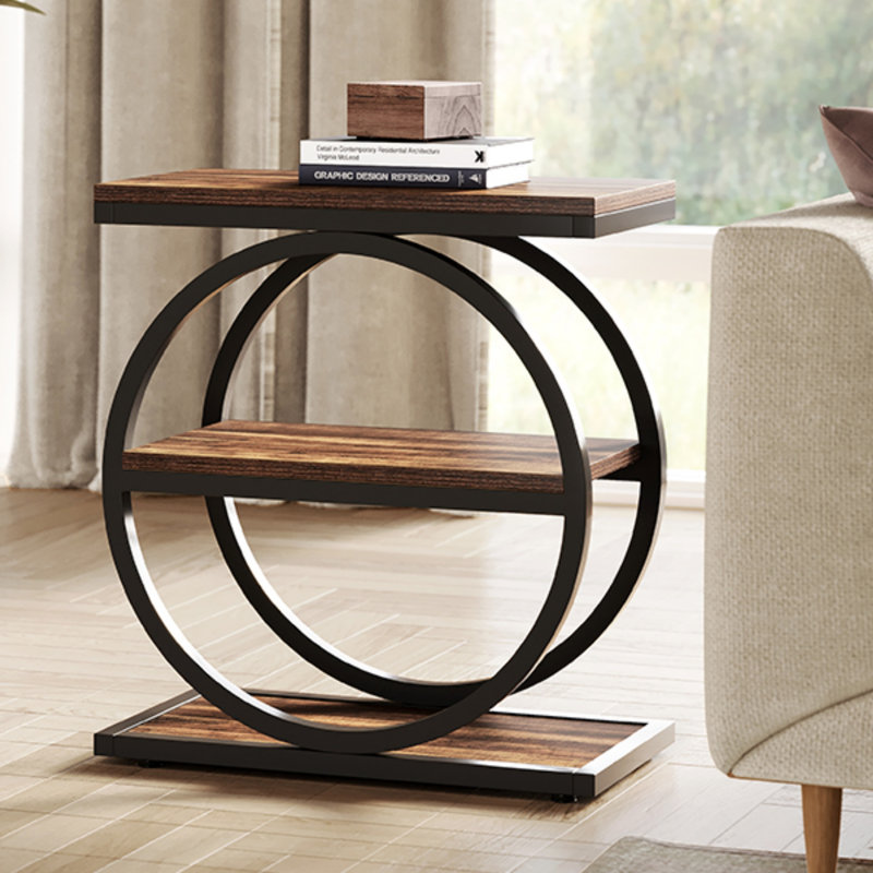 23.6 Inch Narrow 3-Tier End Table With Storage – Slim Industrial Sofa Side Table Or Tall Nightstand For Living Room & Bedroom, Oak Wood With Black Metal Frame, End Table
