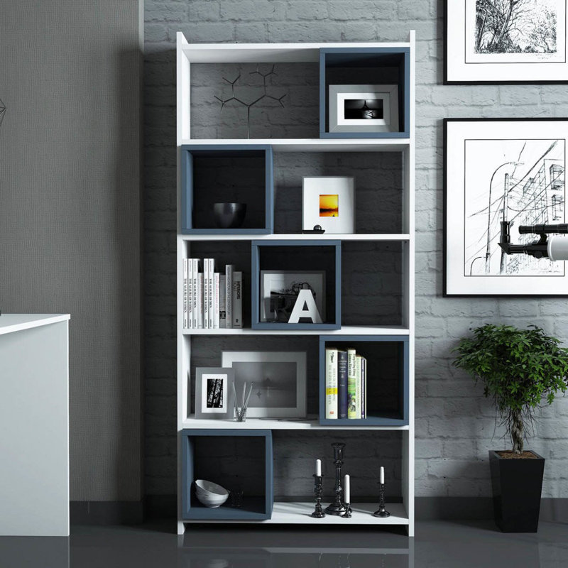 Bibliothèque moderne blanche et bleue, 31,5 po x 67,0 po x 8,7 po | 100% panneau de particules enduit de mélamine, épaisseur: 0,7 pouce | Nombreuses tablettes, conception à fixation murale | Solution de rangement élégante pour la maison ou le bureau