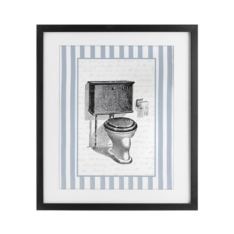 Toile rétro, impression de rayures bleues sous verre, design par lettré et doublé, H 16 po x l 13 po, Cadre noir minuit