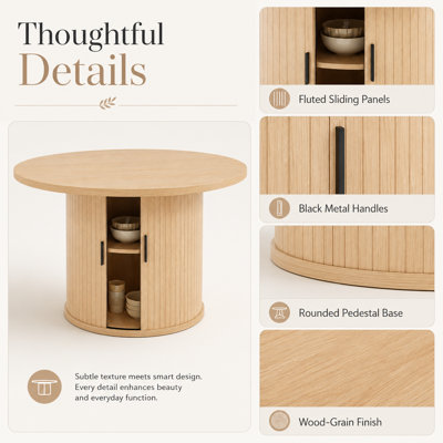 Table de salle à manger ronde à pied central de 120 cm avec rangement à porte coulissante