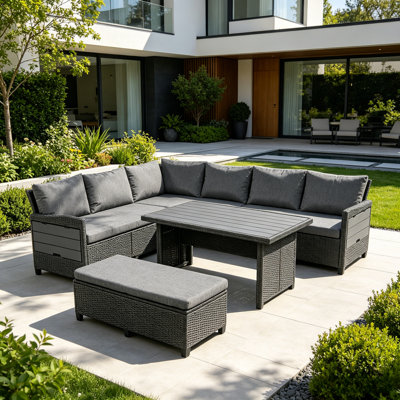 Ensemble de canapé modulaire d'extérieur 5 pièces en osier de patio 5 pièces avec tables d'appoint pliables et coussins lavables, meubles de conversation toutes saisons