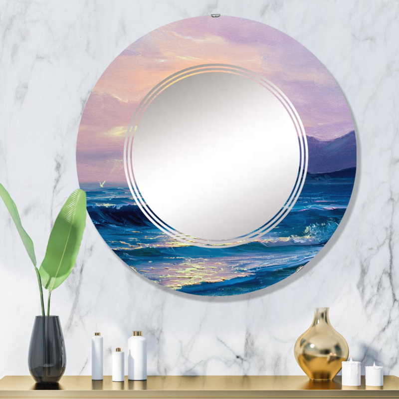 Coucher de soleil au-dessus de l'océan bleu foncé - miroir mural nautique et côtier rond, 32 po x 32 po
