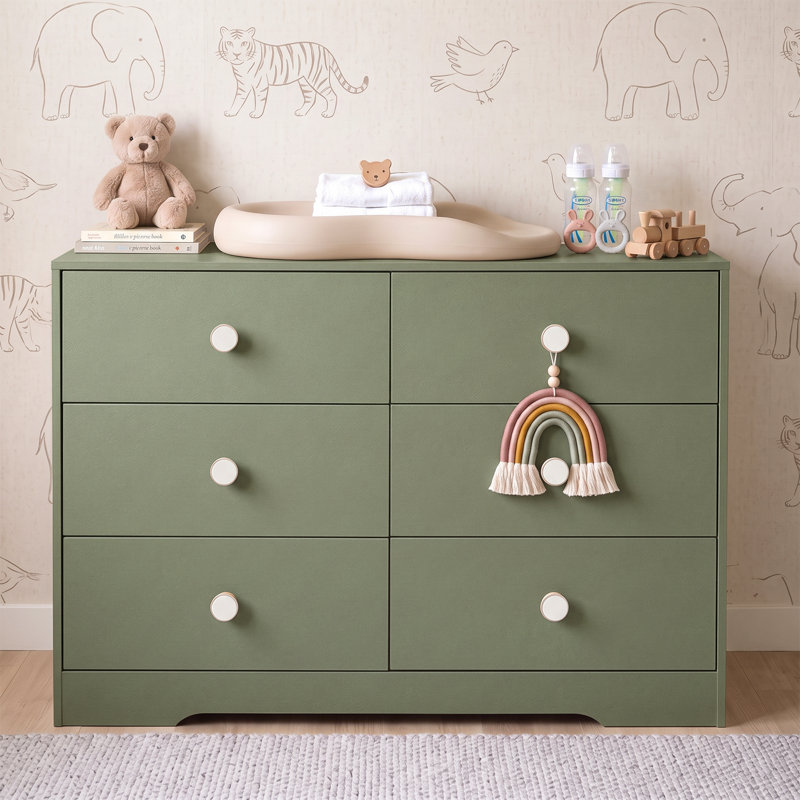 Commode 6 tiroirs pour chambre d'enfant, commode en bois avec base robuste, grande commode pour bébé, commode à vêtements moderne, vert