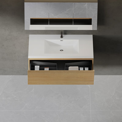 Ensemble de meuble-lavabo flottant 42 po avec lavabo, meuble de rangement mural moderne à rayures avec tiroir à fermeture en douceur et lavabo à surface solide blanc brillant, chêne naturel CM-24V16-42NOW
