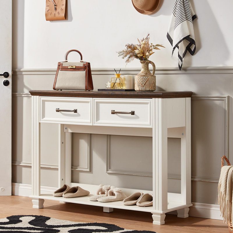 Farmhouse 46" Console Table with 2 Drawers, Rustic Wood 2 Tier Entryway Table with Open Storage Shelf for Entry, Large Mid-Century Vintage Sofa Tables Behind Couch for Living Room (White)