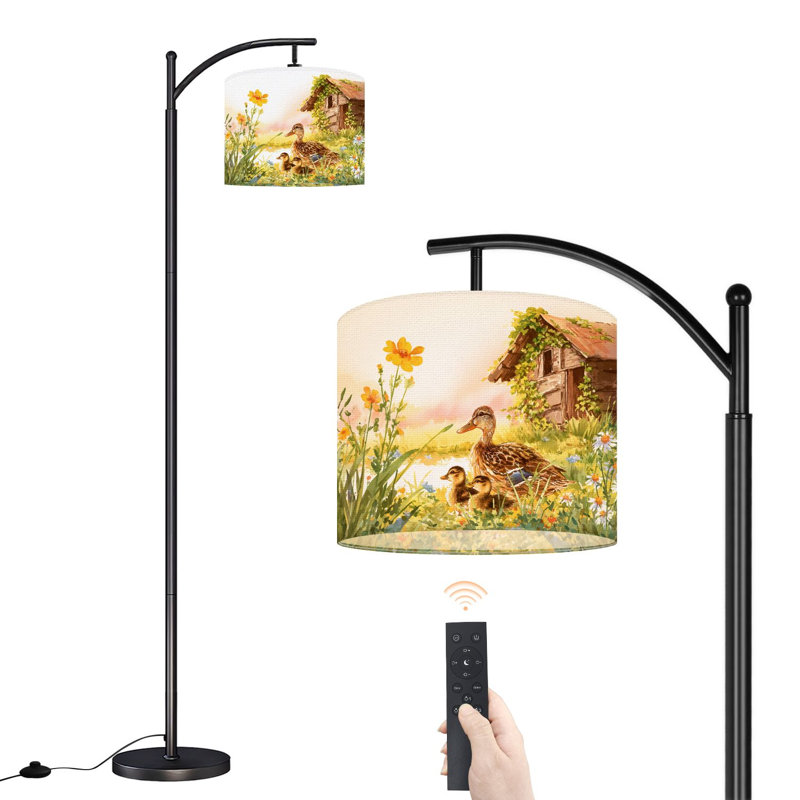 Lampe sur pied à arc avec abat-jour réglable Serene Pastel Landscape Ducks Strolling Spring Flowers Lampadaire
