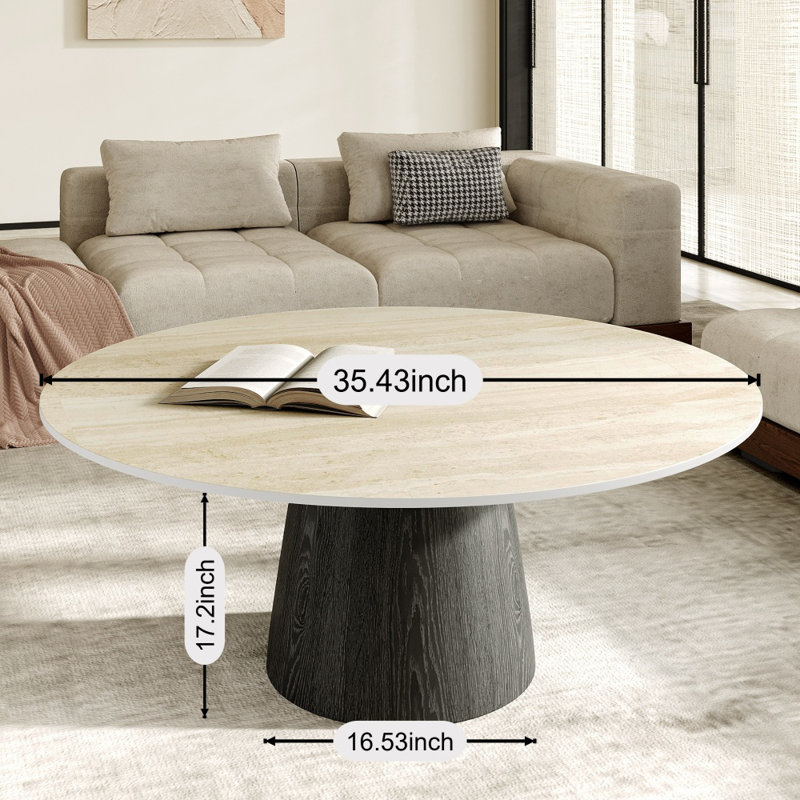Matte Modern Travertine Stone Coffee Table, 17.2" H x 35.43" L x 35.43" W