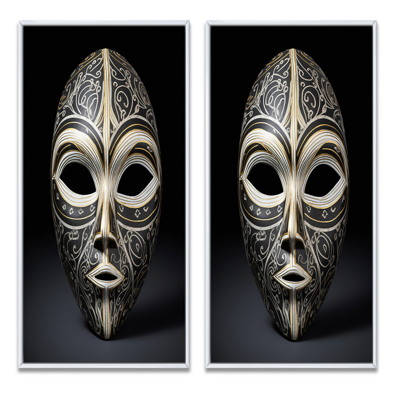 «Ethnical Traditional African Mask XIII», 2 pièces sur toile, Cadre blanc, H 40 po x l 40 po