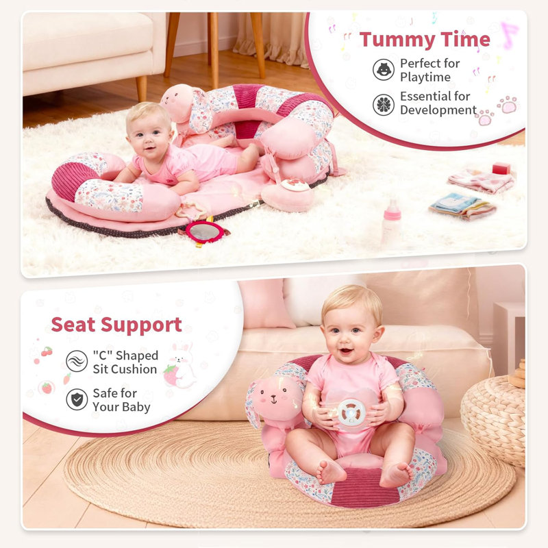 Baby Tummy Time Floor Seat Mat W/ 5 Engaging Toys, 28" Baby Gym Play Mat W/ Seated Support For Early Sitting, Soft & No-slip For Newborn Infant Essentials Development As New Mother Gifts