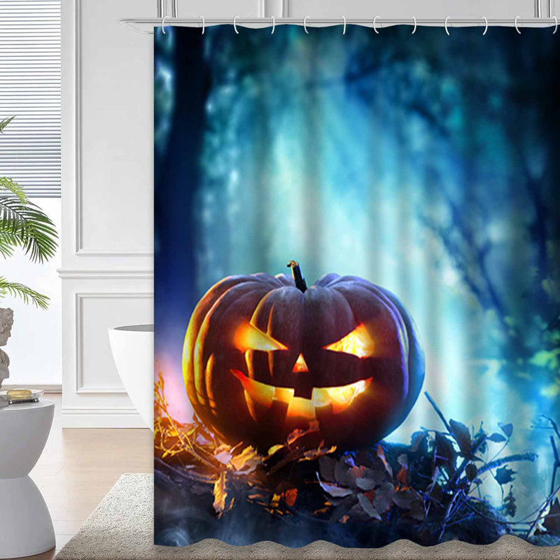 Rideau de douche d'Halloween citrouille effrayant bleu nuit avec 12 crochets, L 72 po x l 78 po