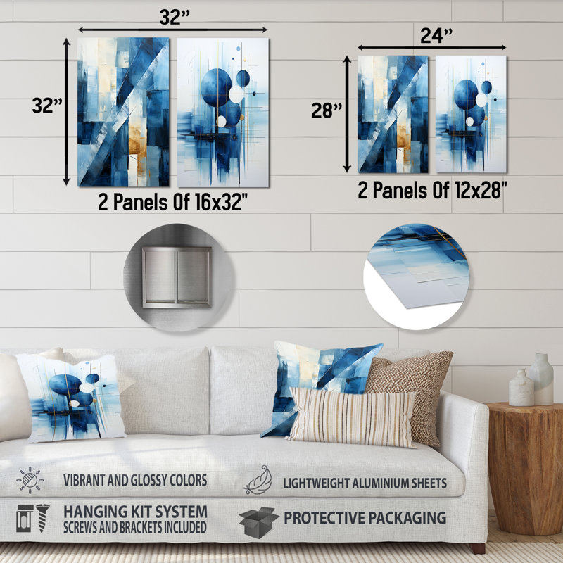 Ensemble de 2 décorations murales géométriques blanches et bleues à motif géométrique nautique IV, H 28 po x l 24 po