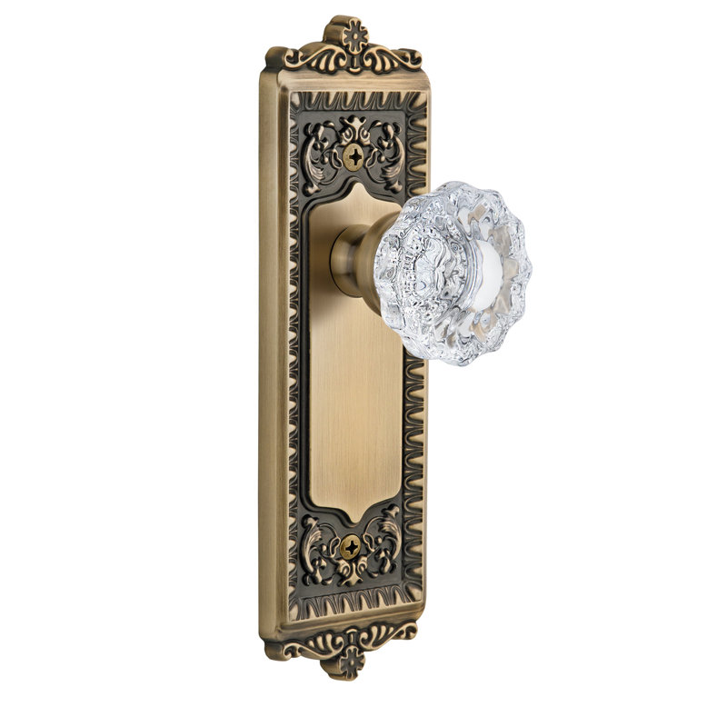 Grandeur Windsor Plate Privacy with Versailles Crystal Door Knob, Vintage Brass, 2 3/4"