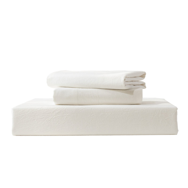 Solayne 100% Washed Cotton Duvet Cover Set with Faux Hemp Texture, Solid Color, Zipper Closure and Corner Ties, Milky White