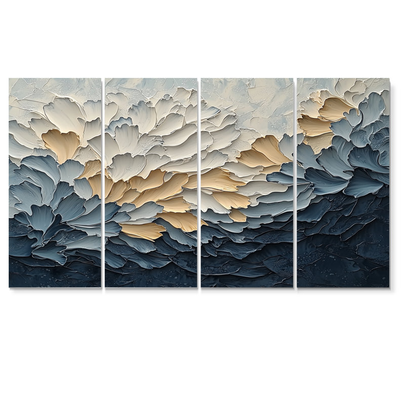 Illusion de pétales de fleurs délicats jaunes et bleus II - fleurs, art mural moderne, 4 pièces, H 28 po x l 48 po