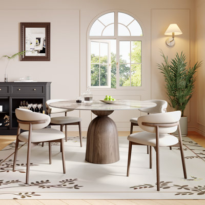 Modern Round Dining Table with Hourglass-Shaped Pedestal Solid Wood Base & Sintered Stone Top for 4/6/8 Seats