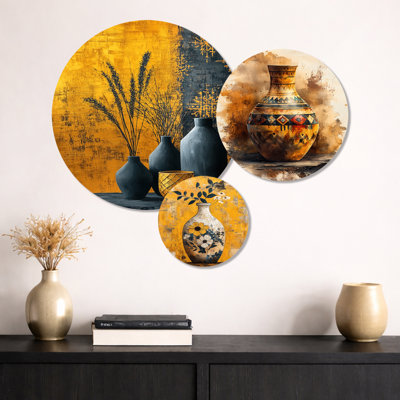 Art contemporain jaune Boho Pottery I - ensemble d'art mural en métal Boho Pottery