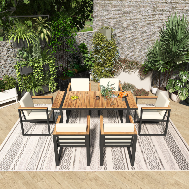 Ensemble repas d'extérieur rectangulaire 7 pièces avec coussins amovibles 7 pièces, Beige