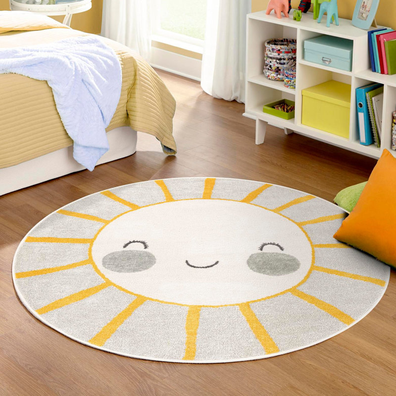 Whimsy Gray and Yellow Round Kids Synthetic Rug