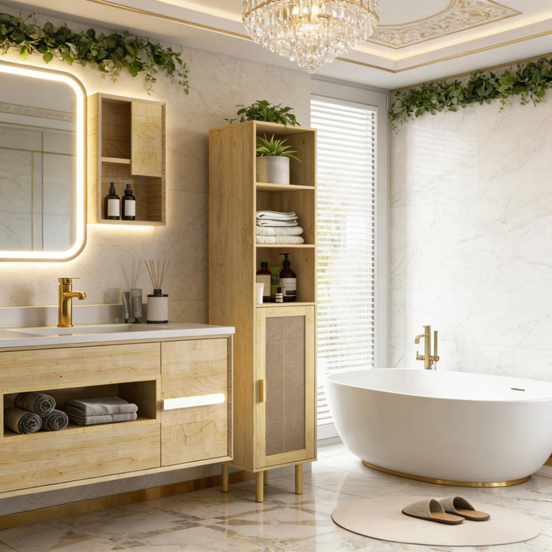 Armoire de rangement autoportante pour salle de bain, Chêne