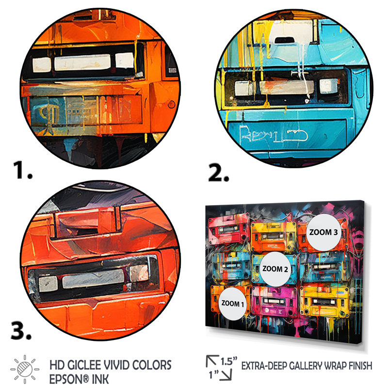 Neon Groove Cassette Tapes II - Cassette Tapes Wall Art, Cadre flottant doré, H 24 po x l 32 po x P 1 po