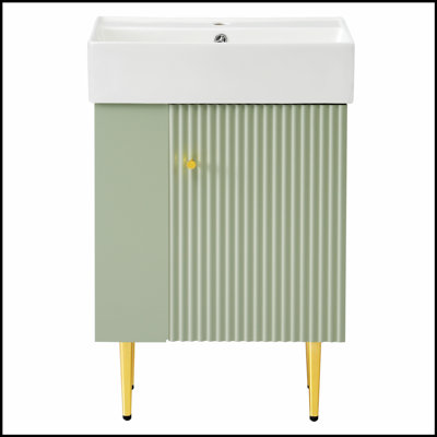Meuble-lavabo moderne de 21,6 po avec lavabo simple en céramique et rangement à gauche, fabrication en panneau de fibres à densité moyenne durable, portes à fermeture douce, détails dorés