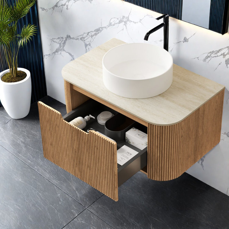 Meuble-lavabo moderne gain d'espace avec lavabo en céramique beige et pierre de travertin