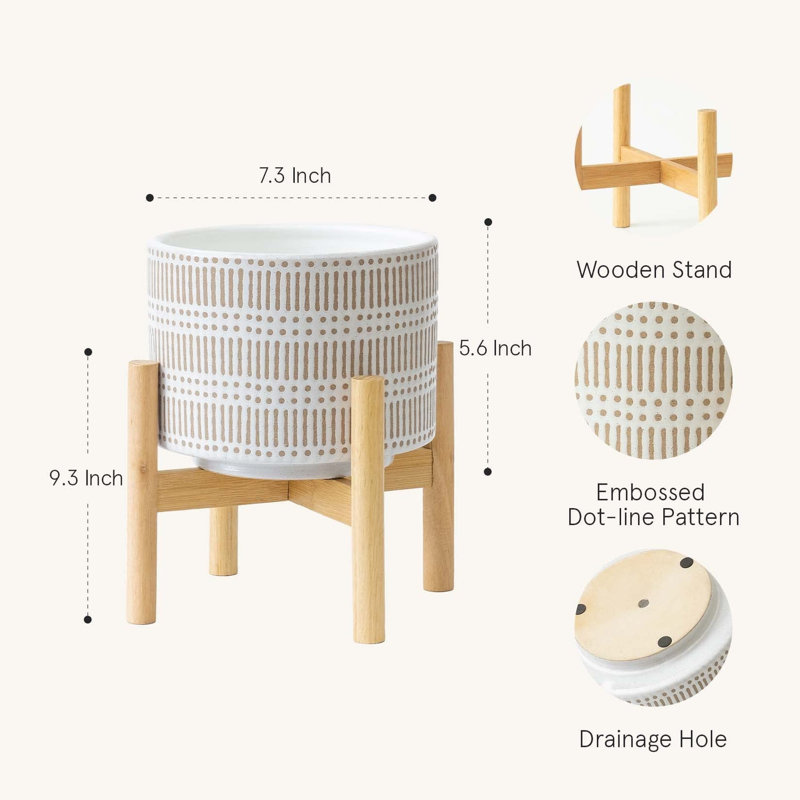 Pot de fleurs en céramique pour plantes, pot d'intérieur de 18,5 cm avec support, Beige and White