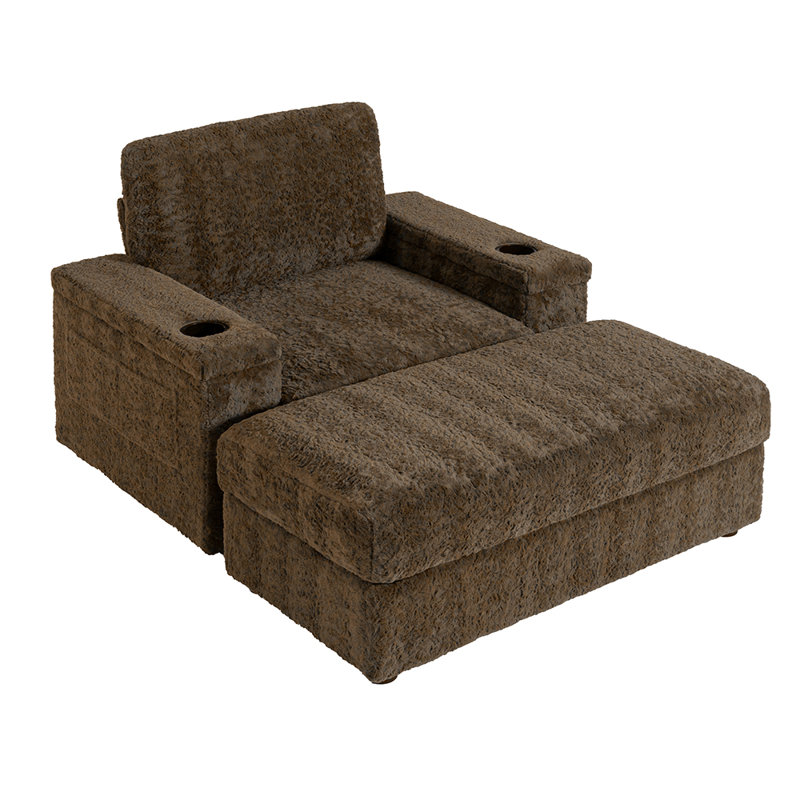 Chaise longue surdimensionnée de 42 po avec repose-pieds brun, fauteuil inclinable en fausse fourrure de lapin avec accoudoirs de rangement, porte-gobelets, canapé-lit convertible
