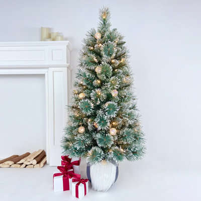 4FT Pre-Lit Christmas Pot Tree with Glitter Tips, 100 Warm White LED Lights with 10 Iridescent G40 Covers, Blue Spruce Color, Gnome Base with Plush Face, Indoor Holiday Décor